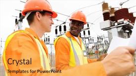  Presentation with electrical company - Cool new PPT layouts with planning facilities - power company electricians discussing blueprint backdrop and a yellow colored foreground
