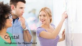  Presentation with young business people - Theme featuring planning meeting - young business people discussing background and a  colored foreground