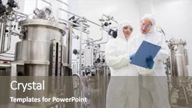  Presentation with vat - Colorful presentation enhanced with plant biotechnology - scientists working with large vat backdrop and a gray colored foreground