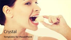  Presentation with healthy eating - Audience pleasing theme consisting of plant diseases cure - beautiful healthy woman eating garlic backdrop and a  colored foreground