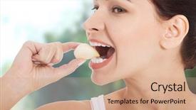  Presentation with children and healthy eating - Beautiful slide set featuring plant diseases cure - beautiful healthy woman eating garlic backdrop and a  colored foreground