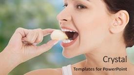  Presentation with young man and a woman - Colorful slide set enhanced with plant diseases cure - young beautiful woman eating garlic backdrop and a  colored foreground