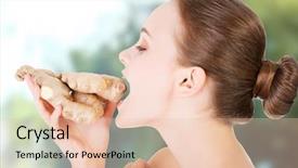  Presentation with ginger plant - Colorful PPT theme enhanced with plant diseases cure - young beautiful woman eating ginger backdrop and a  colored foreground