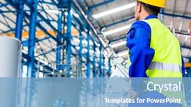  Presentation with factory machine - Slide set featuring industrial worker in asian factory background and a light blue colored foreground