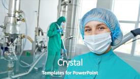  Presentation with pharmaceutical factory - PPT theme having chemistry tanks chemical mixing - portrait of female pharmaceutical factory background and a teal colored foreground