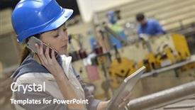  Presentation with people talking - Slide set featuring woman in factory talking background and a coral colored foreground