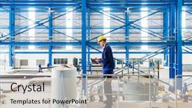 Presentation with industrial machine - Theme enhanced with industrial plant - worker in large metal workshop background and a soft green colored foreground