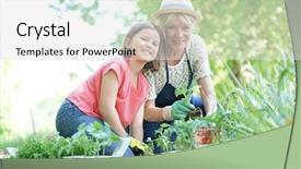  Presentation with container gardening - Slide deck featuring plant garden - grandmother and granddaughter gardening together background and a  colored foreground
