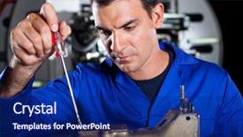  Presentation with plant maintenance - Theme enhanced with plant maintenance - mechanic repairing industrial sewing machine background and a navy blue colored foreground