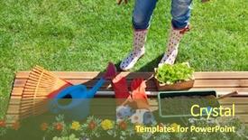  Presentation with gardening tools on fertile soil - Beautiful presentation design featuring plant maintenance - woman with gardening tools flowers backdrop and a tawny brown colored foreground