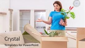  Presentation with flat - Cool new PPT theme with plant movements - middle-aged woman moving to new backdrop and a soft green colored foreground