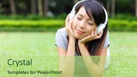  Presentation with song liric book - PPT theme consisting of plant music - asian woman listen to song background and a mint green colored foreground