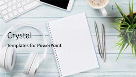  Presentation with notepad - Theme featuring plant music - notepad headphones phone and pc background and a sky blue colored foreground