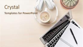  Presentation with pen laptop coffee cup clips - Theme having plant music - office desk workplace with laptop background and a cream colored foreground