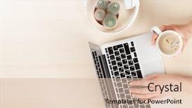  Presentation with woman office desk - Presentation design featuring plant music - woman working on laptop hands background and a lemonade colored foreground