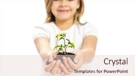  Presentation with hands planting a cabbage seedling - Theme with plant on her little hands background and a  colored foreground