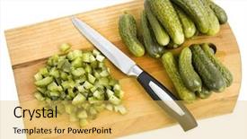  Presentation with plant salinity - Slides enhanced with plant salinity - canned cucumber in kitchen wooden background and a yellow colored foreground