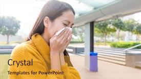  Presentation with allergy - Slide deck enhanced with plant virus - asian young woman got nose background and a gold colored foreground