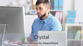  Presentation with working - Cool new presentation theme with plant virus - handsome young programmer working backdrop and a light gray colored foreground