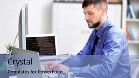  Presentation with working - Slide deck featuring plant virus - handsome young programmer working background and a teal colored foreground