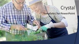  Presentation with active seniors senior couple - Presentation theme featuring planting aromatic herbs in pot background and a white colored foreground