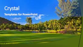  Presentation with red gold green field - Audience pleasing theme consisting of planting flag hill - golf field at island praslin backdrop and a cobalt blue colored foreground