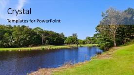  Presentation with red gold green field - Amazing PPT theme having planting flag hill - golf field at island praslin backdrop and a light blue colored foreground