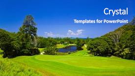  Presentation with red gold green field - Beautiful theme featuring planting flag hill - golf field at island praslin backdrop and a cobalt blue colored foreground