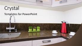  Presentation with yellow beige light brown travertine - Cool new presentation design with plants and kettle at cutting backdrop and a light gray colored foreground