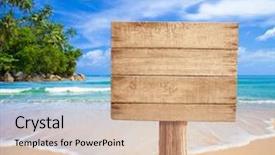  Presentation with plaque - Theme having plaque - wooden signboard on tropical beach background and a soft green colored foreground