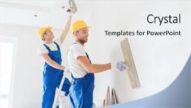  Presentation with tools - Colorful PPT layouts enhanced with plaster - business building teamwork and people backdrop and a sky blue colored foreground