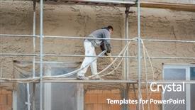  Presentation with construction worker harassment workplace - Presentation theme featuring plaster - construction worker plastering outer wall background and a coral colored foreground
