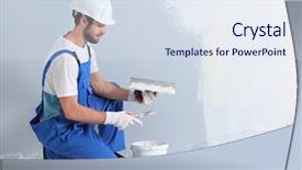  Presentation with repair - Beautiful presentation design featuring plaster - young worker making repair backdrop and a sky blue colored foreground
