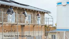  Presentation with scaffold - PPT layouts with plaster worker on scaffold working on outer wall of house background and a coral colored foreground