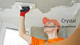  Presentation with events and decoration presentation - Slide deck with plasterer at indoor ceiling renovation background and a  colored foreground