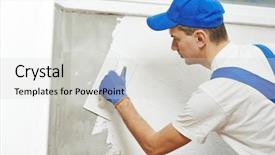  Presentation with church renovation - Beautiful PPT theme featuring plasterer at indoor wall renovation backdrop and a light gray colored foreground