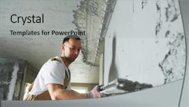  Presentation with plaster - PPT theme with plasterer using screeder spraying putty background and a light gray colored foreground
