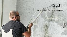  Presentation with golden revetment wall putty high - Slides having plasterer using screeder spraying putty background and a light gray colored foreground