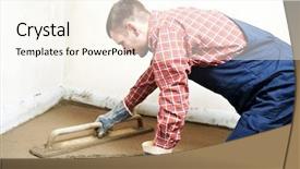  Presentation with concrete pouring during commercial concreting - Slide set having plastering mortars - plasterer at indoor concrete cement background and a  colored foreground