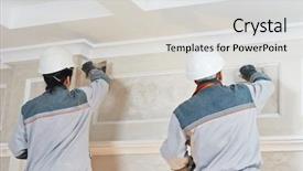  Presentation with renovation - Presentation theme featuring plastering mortars - plasterer at indoor wall renovation background and a light gray colored foreground