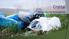 Presentation with plastic pollution - PPT theme featuring plastic bags on a field background and a sky blue colored foreground