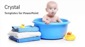  Presentation with cute baby - Audience pleasing presentation theme consisting of plastic basin pile of towel backdrop and a white colored foreground