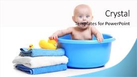  Presentation with baby chicks ducks and blocks - Presentation design having plastic basin pile of towel background and a sky blue colored foreground