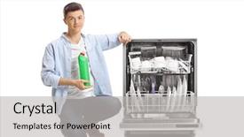  Presentation with plastic bottle - Audience pleasing presentation theme consisting of young guy kneeling next backdrop and a light gray colored foreground