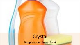  Presentation with sponges - Cool new PPT theme with plastic bottles of cleaning products sponges and brush isolated on white background backdrop and a yellow colored foreground