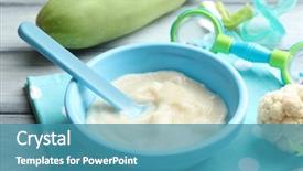  Presentation with baby food - Beautiful slide deck featuring plastic bowl with baby food backdrop and a teal colored foreground