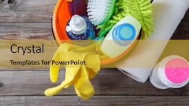  Presentation with cleaning agents - PPT theme consisting of plastic bucket with cleaning supplies background and a gold colored foreground