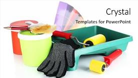  Presentation with paint bucket - Audience pleasing PPT theme consisting of plastic bucket with paint roller brushes and bright palette of colors isolated on white backdrop and a white colored foreground