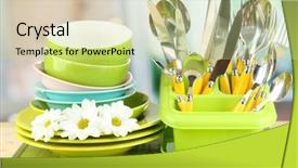  Presentation with knives - Presentation theme featuring plastic container - plates forks knives spoons background and a soft green colored foreground