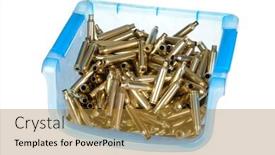  Presentation with plastic container - Slides featuring plastic container holding 7mm magnum ammunition cartridge cases that have been cleaned polished and had the primers removed ready for reloading background and a gold colored foreground